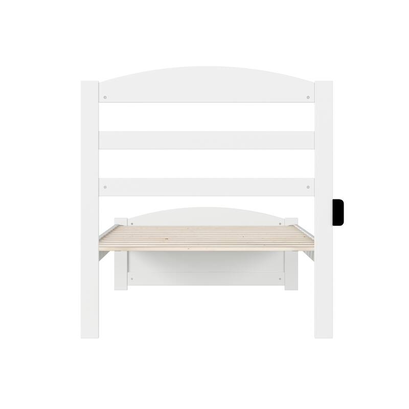 Twin Bed with Footboard - White Finish Platform Bed, Solid Wood Frame, Modern Design, Slatted Headboard, 76" x 38"