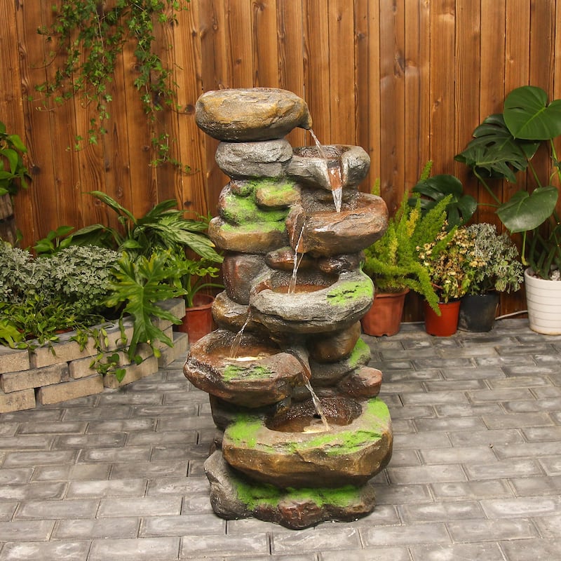 6-Tier Rock Water Fountain with Cascading Water and LED Lights for Garden and Patio - Lighted