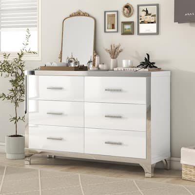 Elegant High Gloss Dresser with Metal Handle, Mirrored Storage Cabinet with 6 Drawers for Bedroom, Living Room
