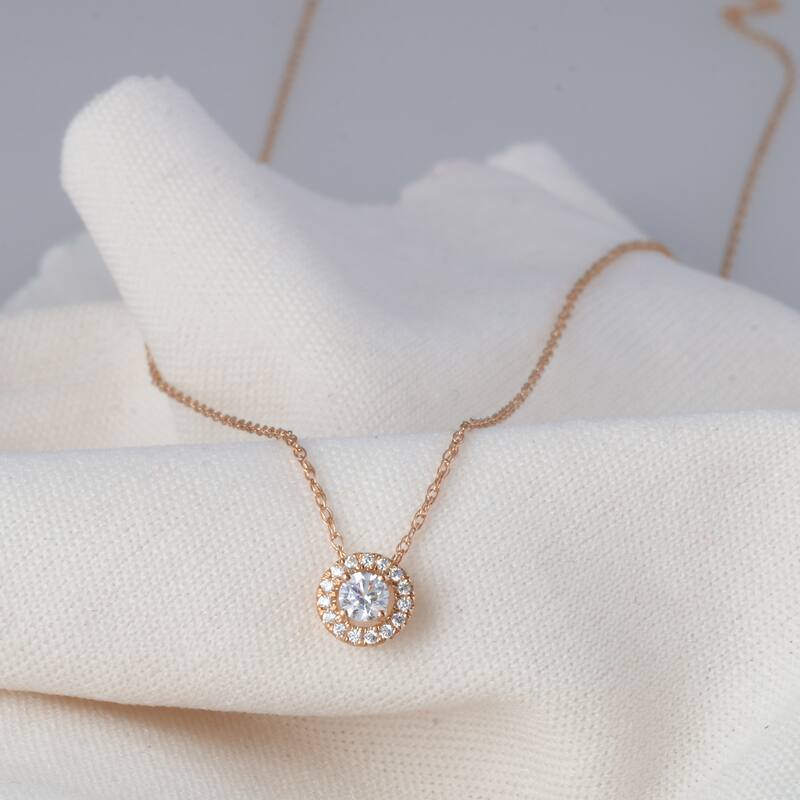 1/6ct TDW Diamond Solitaire Halo Pendant Necklace in 10k Gold for Women - Rose