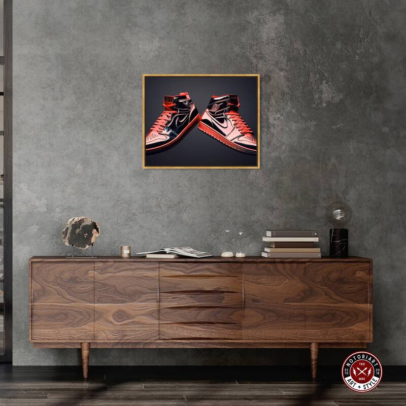 Notoriart Red Sneakers On Display Framed Sneaker 1 Piece Canvas Wall Art
