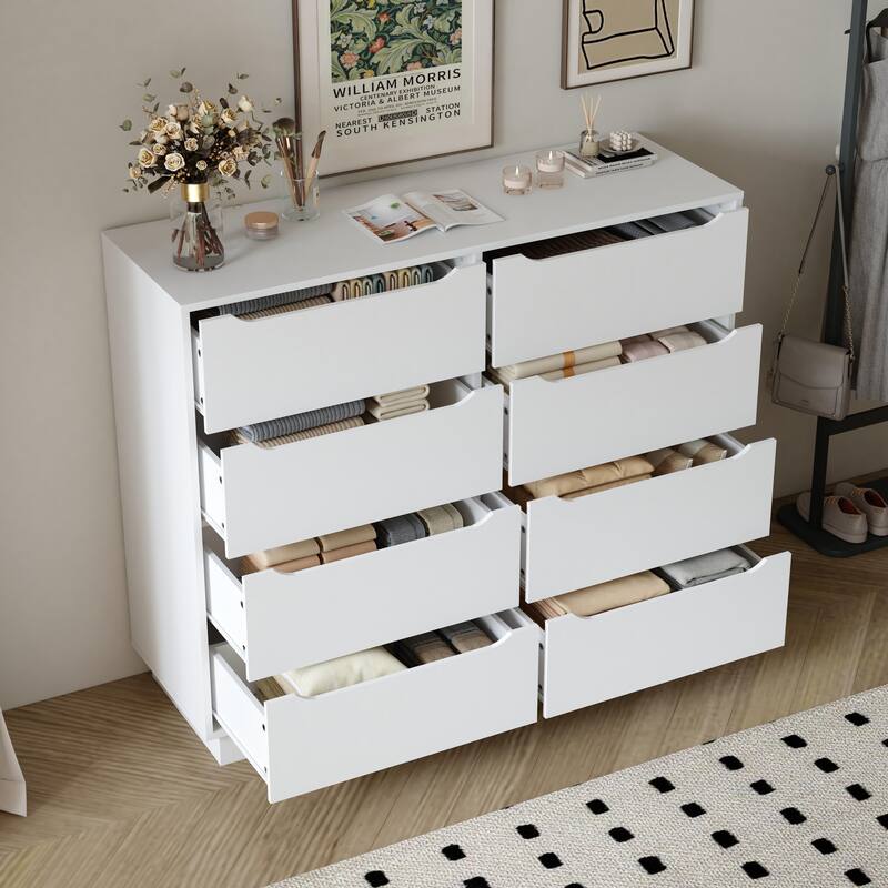 Wooden White Dresser for Bedroom, 9 Drawer/8 Drawers Double Dressers & Chest of Drawers, Large Clothing Storage Cabinet - White - 8-drawer