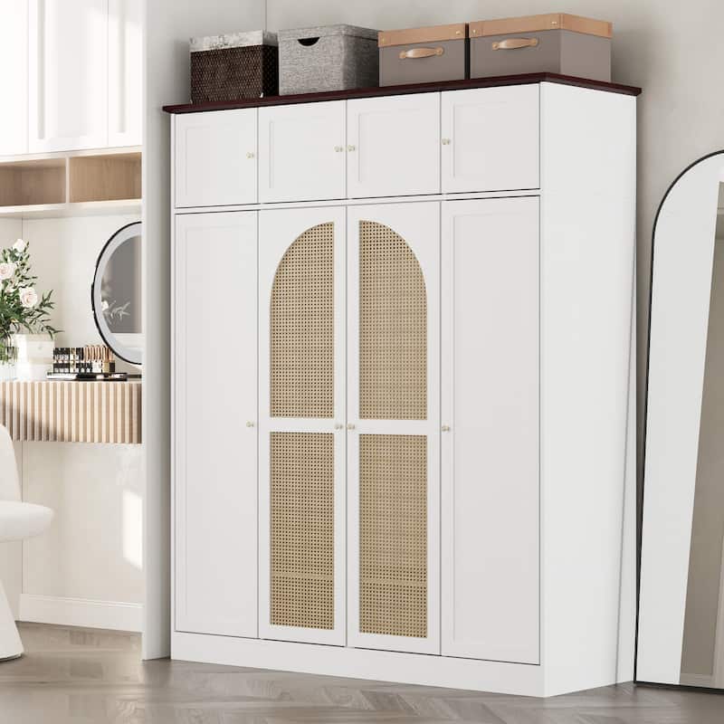 70.87" 8-Door Large Capacity Armoire Wardrobe Closet with Hanging Rod, Adjustable Shelves and Rattan Decorative Doors - White