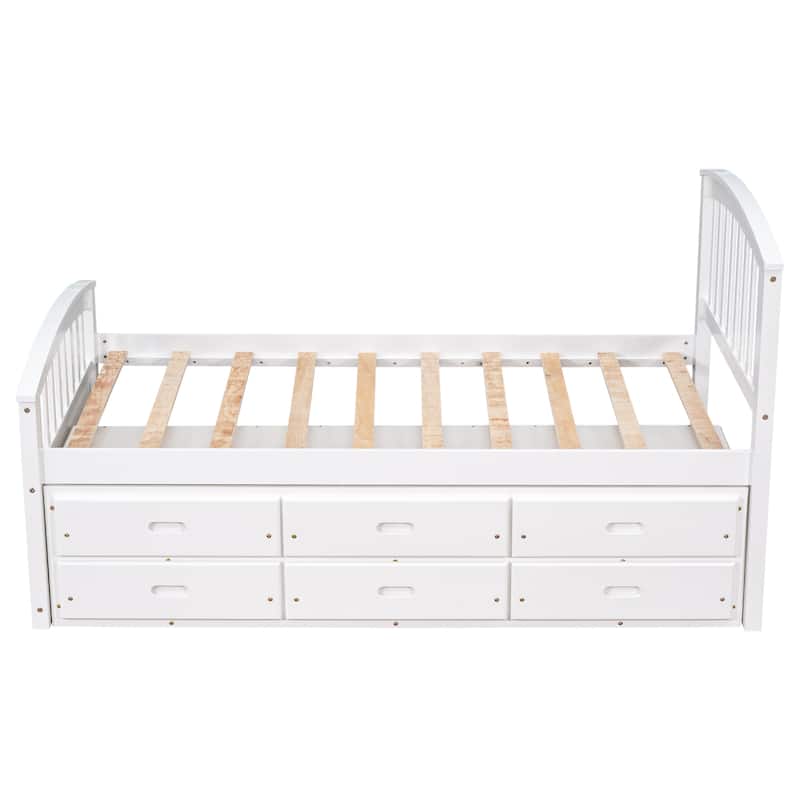 Twin Size Solid Wood Platform Storage Bed with 6 Drawers, White