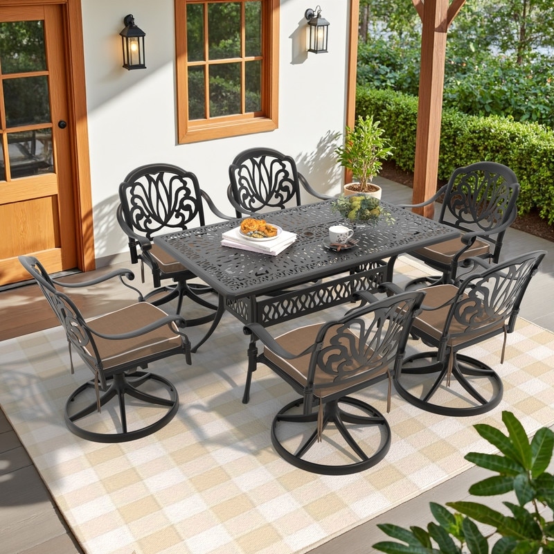 7-Piece Aluminum Rectangular Outdoor Patio Dining Set, 6 Cushioned Swivel Chairs, Table, All-Weather Frames