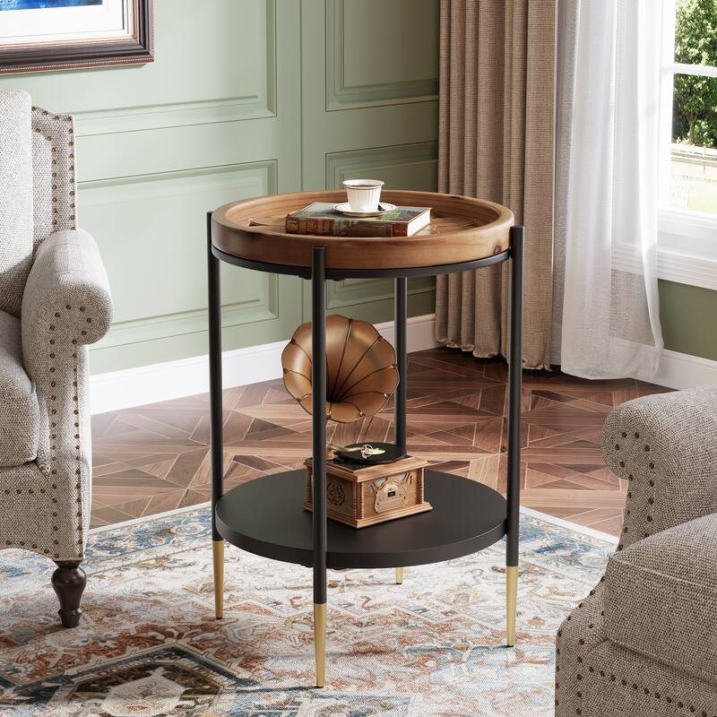 2 Tier Round Side Table with Solid Wood Top and Metal Frame for Living Room ,Bedroom