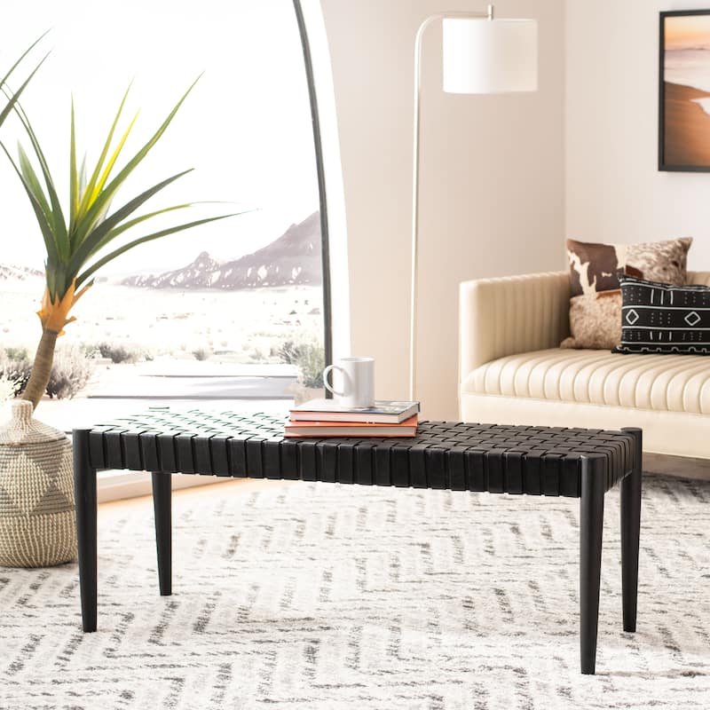 SAFAVIEH Manervia Wood & Leather Bench - 47Wx16Dx18H - Black Leather/Black