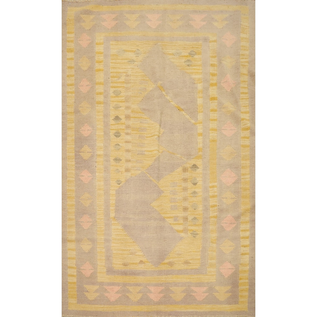 Hand Woven Oriental 100% Wool Carpet Southwestern Tribal Yellow & Gold Kilim Area Rug - 4' 10'' X 3' 4''
