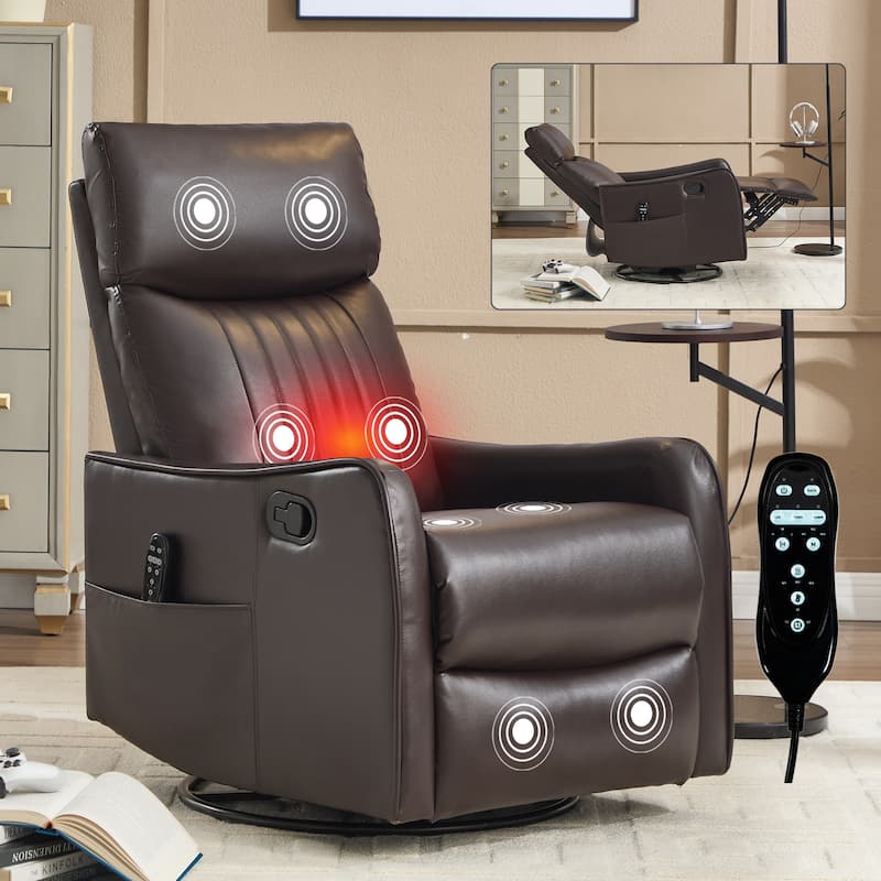 Roomfitters Swivel Rocker Recliner Chair, Manual Faux Leather Massage Armchair with Heat and Glider Motion, Living Room - Brown PU