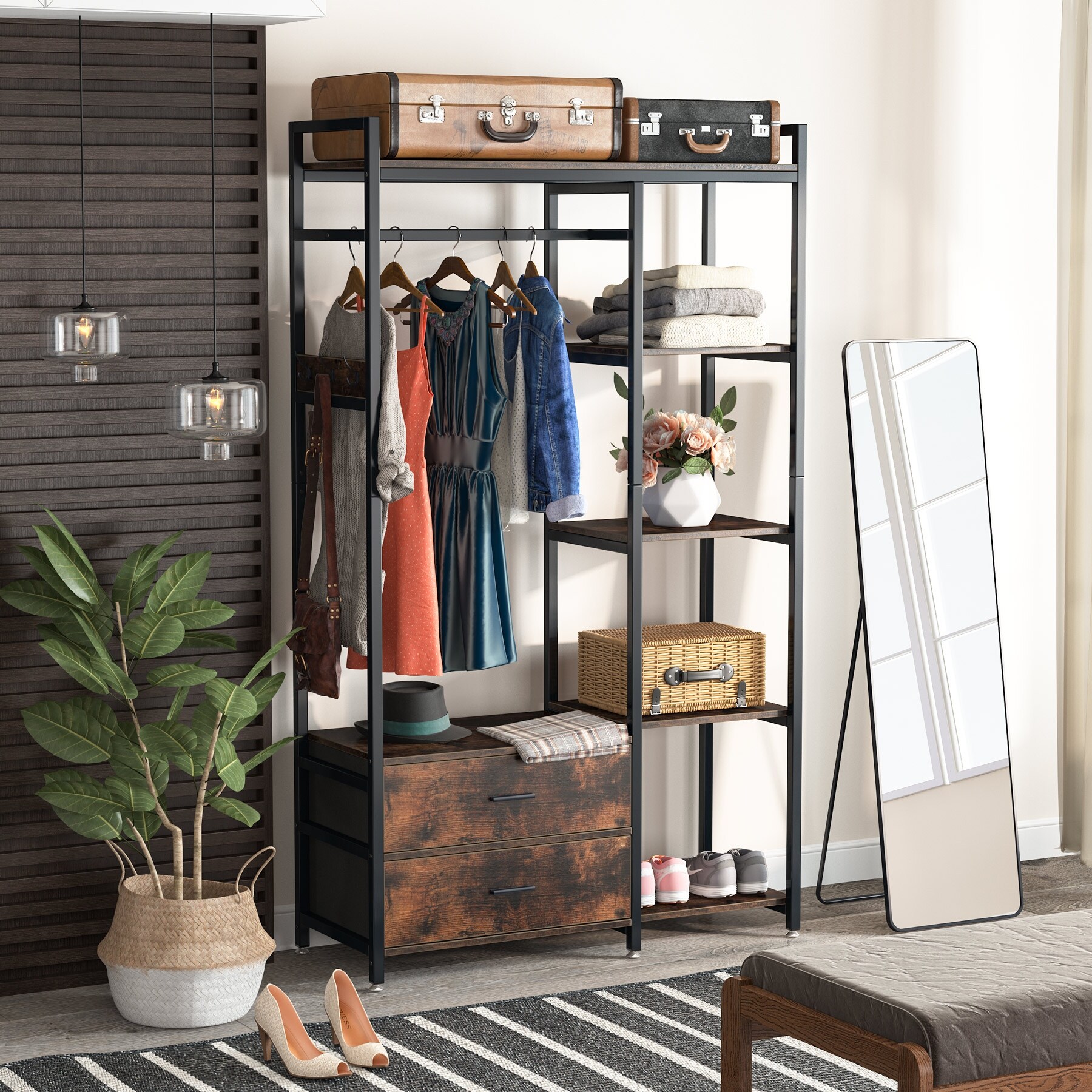 Heavy Duty Garment Rack with 2 Drawers Shelves Hanging Rod Freestanding Closet Organizer Large Open Wardrobe Closet On Sale Bed Bath Beyond 36185481
