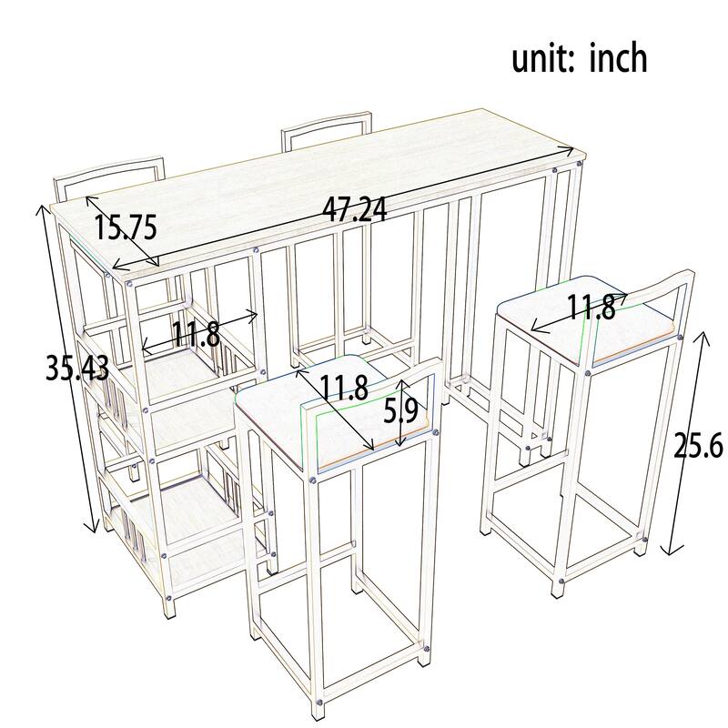 5-Piece Bar Table Set with 4 Gold Stools & Storage Shelf