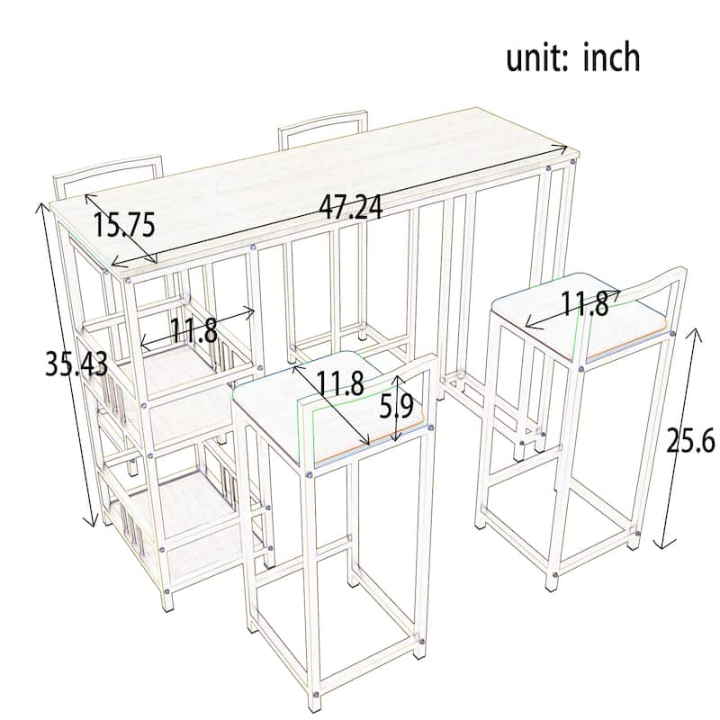 5-Piece Bar Table Set with 4 Navy Stools & Storage Shelf