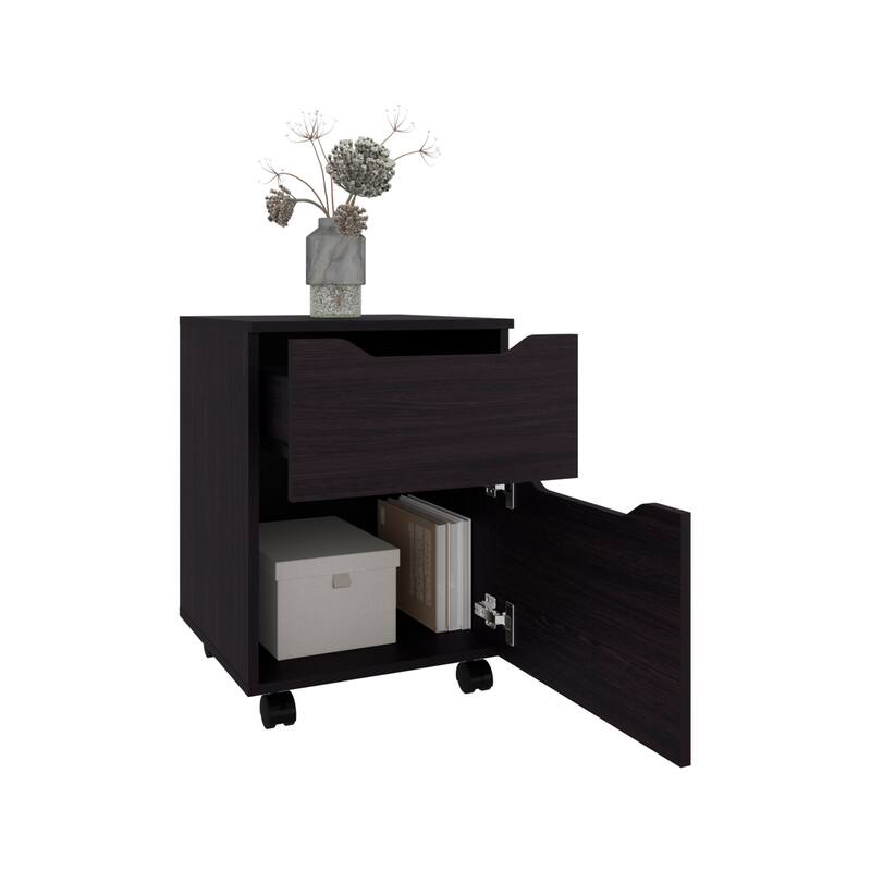 Modern Black Nightstand with Open Shelves and Door