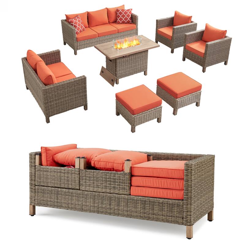 9 - Person Outdoor Wicker Patio Conversation Furniture Set With Fire Pit Table