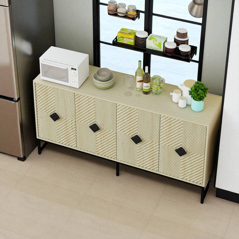 59" Modern 4-Door Sideboard Buffet Cabinet with Adjustable Shelves and Carved Doors for Kitchen or Entryway