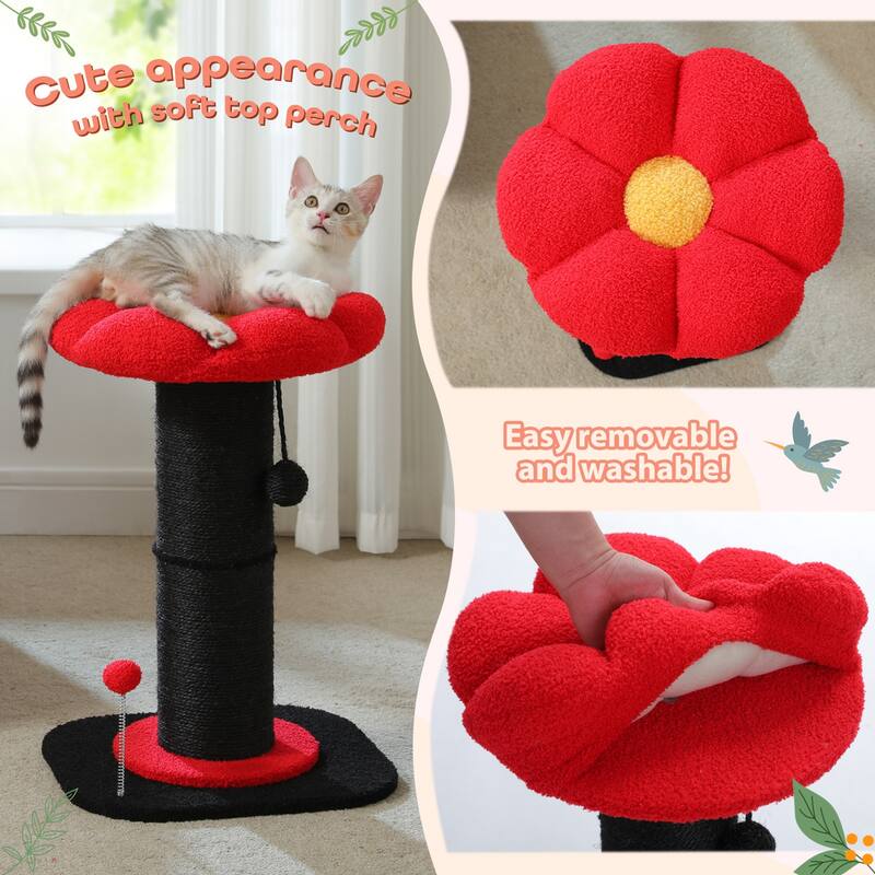 Small Flower Cat Scratching Post, Cat Tree with Super Thick Scratching Post, Removable Flower Cat Bed & Spring Ball