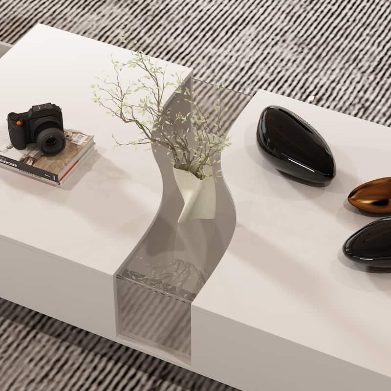 Storage Masterpiece Contemporary White Coffee Table Colorful LED Edge - 55.1"W