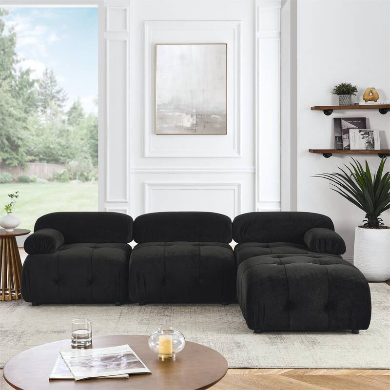 Ouyessir Modern Velvet Upholstered Large Modular Sectional Sofa with Removable Armrest - Black