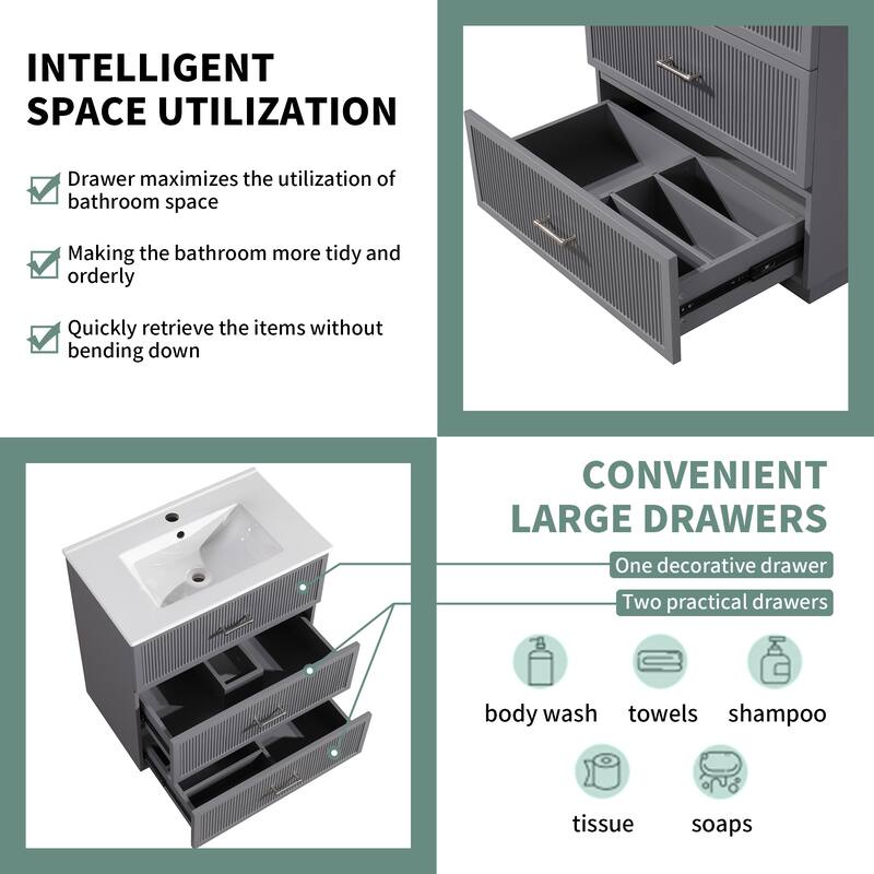 30" Freestanding Bathroom Vanity with Ceramic Sink and 2 Storage Drawers, Stylish Gray Floor Cabinet
