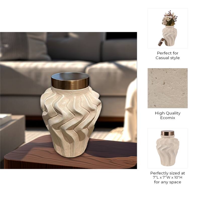 Pottery Jar Wavy Sculpted Tall with Metallic Lid Decorative Accent