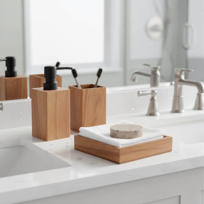 Acacia Bathroom Accessory Set 3-Pieces Square - tumbler, soap dispenser and a square tray