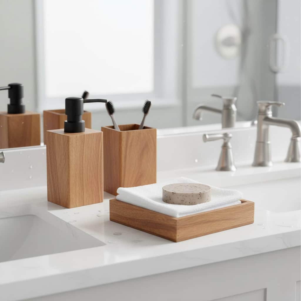 Acacia Bathroom Accessory Set 3-Pieces Square - tumbler, soap dispenser and a square tray