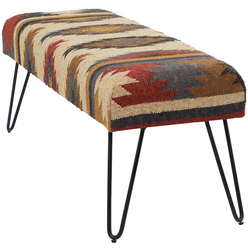 Metal Floral, Diamond or Tribal Bench with Metal Hairpin Legs - White, Gray or Multi Colored - Roche River Decor