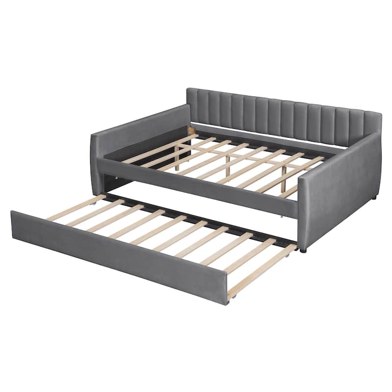 Full Size Upholstered daybed with Trundle and Wood Slat Support, Gray