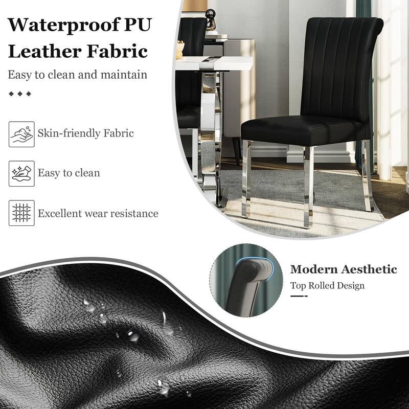 Luxury PU Leather Parsons Dining Chairs Side Chairs with Rolled Back and Stainless Steel Legs