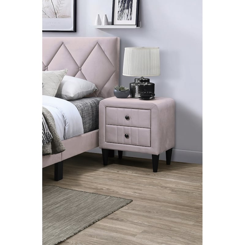 Modern Velvet Upholstered Nightstand，Bedside Storage Cabinet with Tempered Legs,Sofa Side Table with 2 Drawers - Light Pink