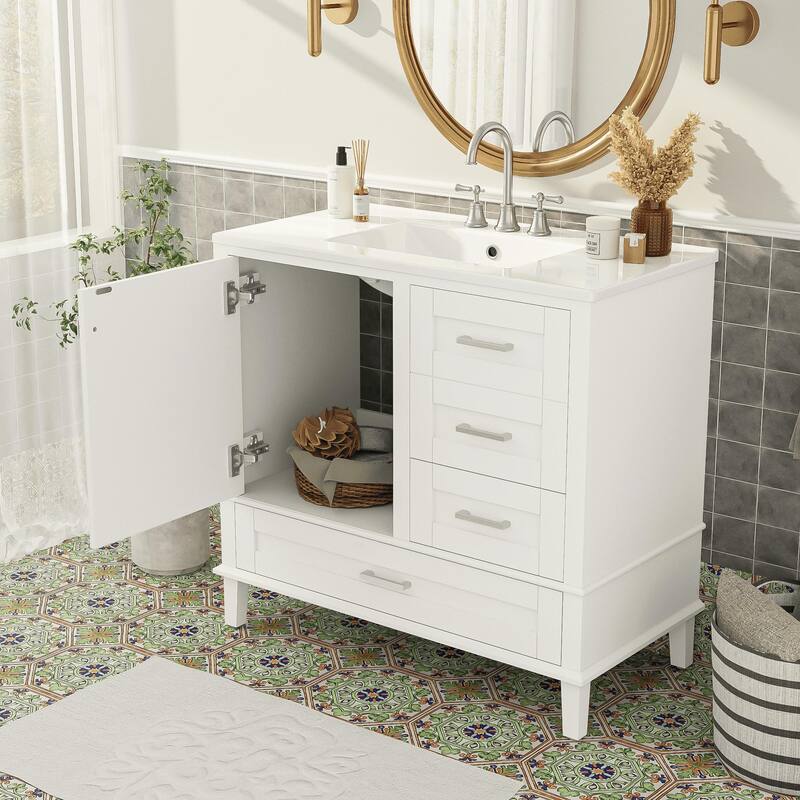 Elegant 36-Inch Bathroom Vanity with Undermount Ceramic Sink, Soft Close Storage Drawers, Silver Handles - Contemporary Look
