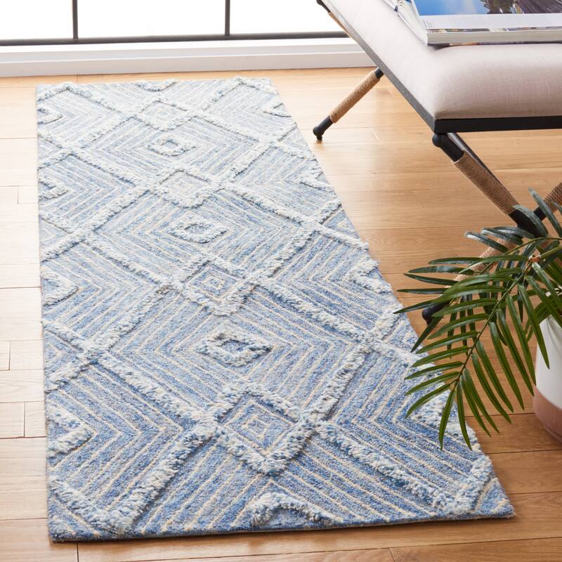 SAFAVIEH Handmade Kenya Abigaelle Moroccan Boho Wool Rug - 2'3" x 8' Runner - Blue/Ivory