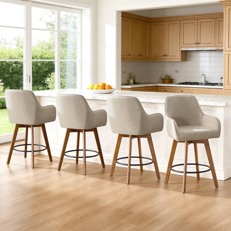 25 Inch Upholstered Swivel Counter Height Bar Stool with Armrests, Solid Wood Legs - 23.6"W x 22.4"D x 40.2"H