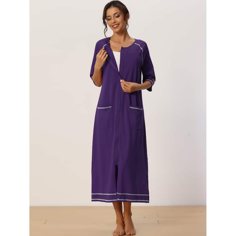 Women Zipper Robe Long Sleeve Loungewear Bathrobe with Pockets - Purple - L