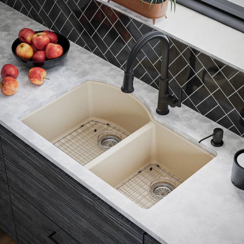 Karran Undermount Quartz 32 in. 60/40 Double Bowl Kitchen Sink Kit