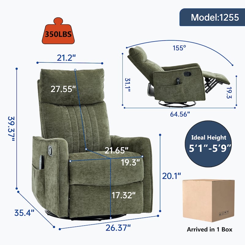 Heat Massage Manual Recliner Chair with Rocker and Swivel in Fabric for Living Room