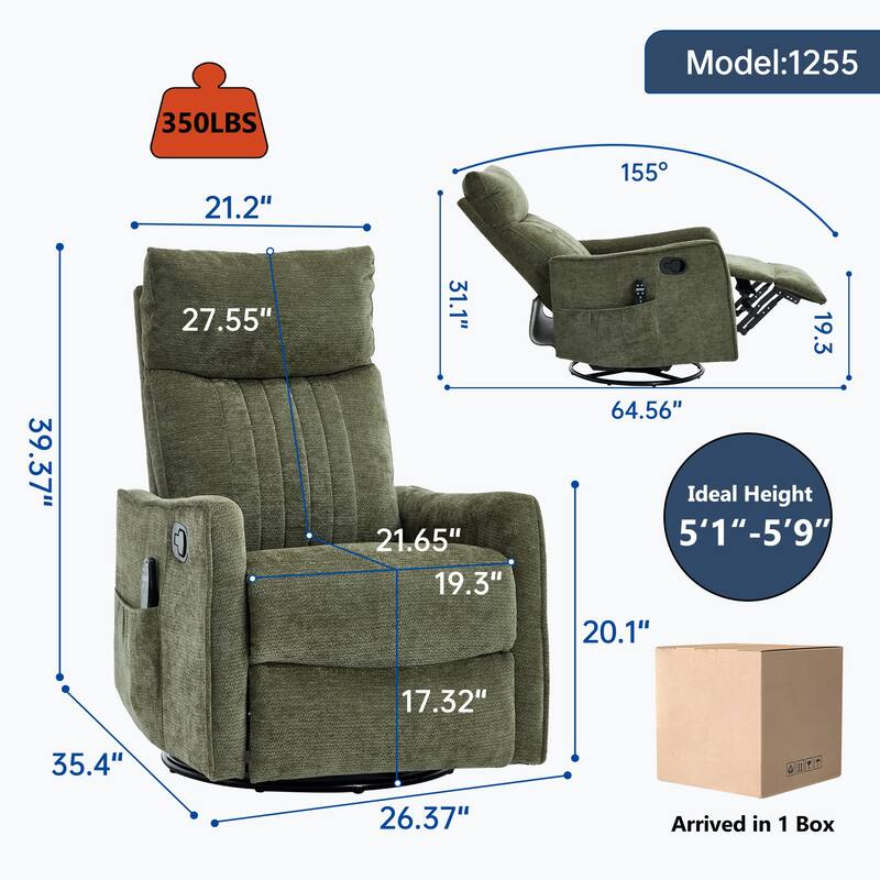 Roomfitters Swivel Rocker Recliner Chair, Manual Massage Armchair with Heat and Vibration, Fabric or Leather