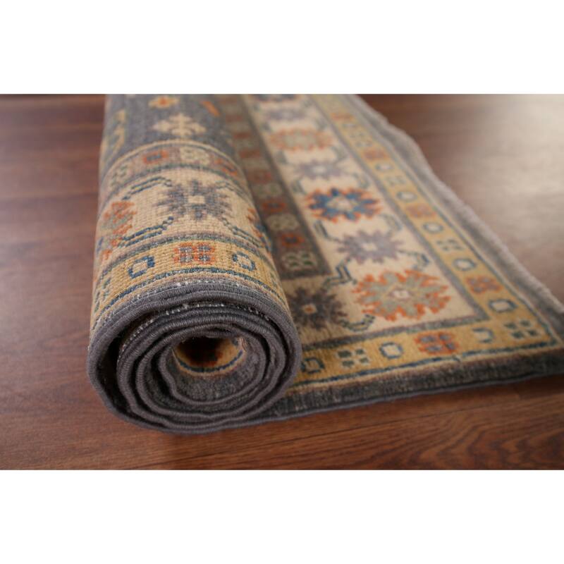 Gray Geometric Kazak Accent Rug Handmade Oriental Wool Carpet - 2'7" x 4'1"