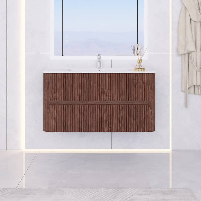 Wall-Mounted Bathroom Vanity in Walnut with Integrated White Ceramic Sink - 35.75'' x 18.31'' x 20.4''