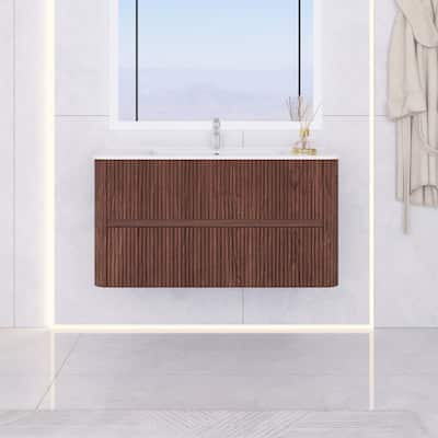 Wall-Mounted Bathroom Vanity in Walnut with Integrated White Ceramic Sink