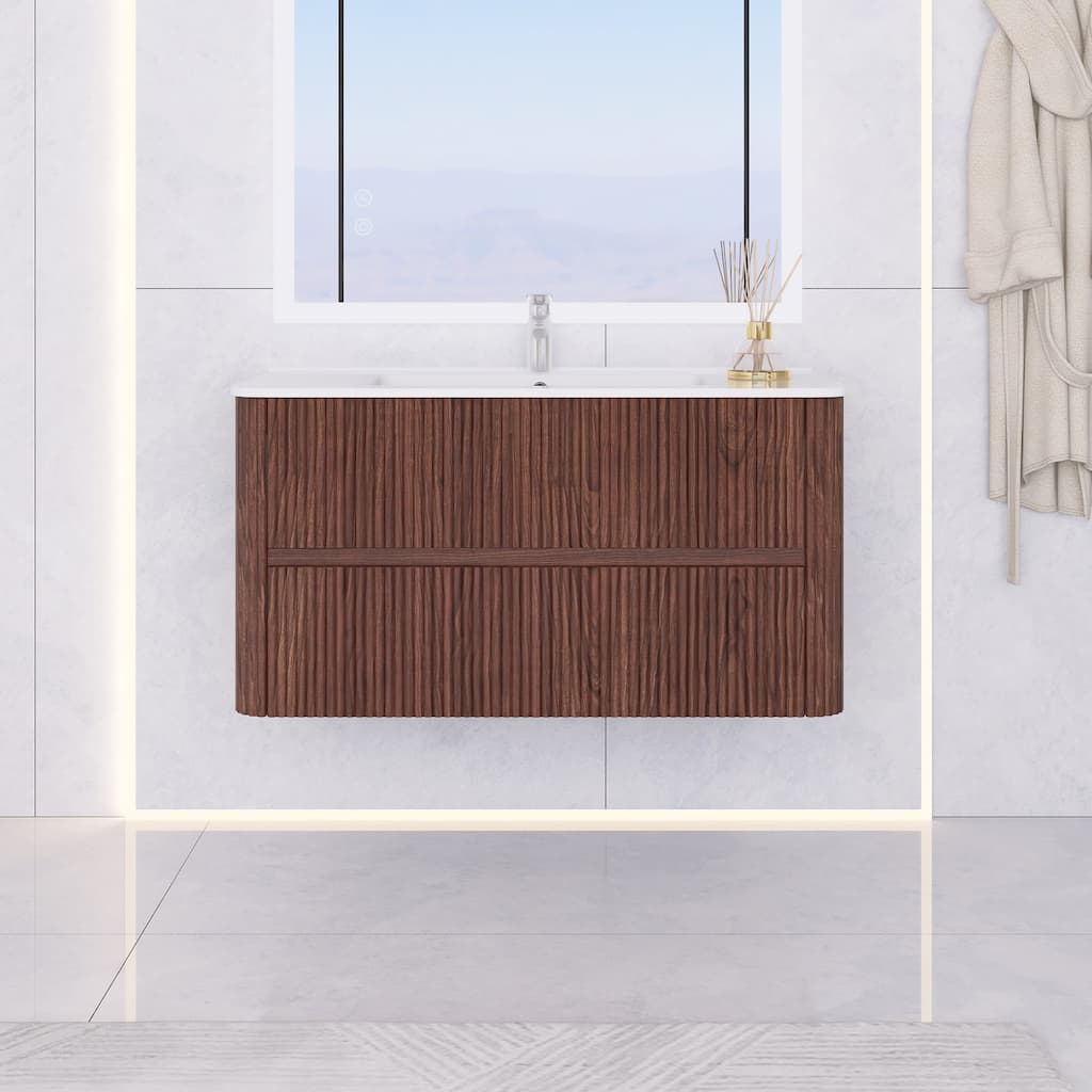Wall-Mounted Bathroom Vanity in Walnut with Integrated White Ceramic Sink