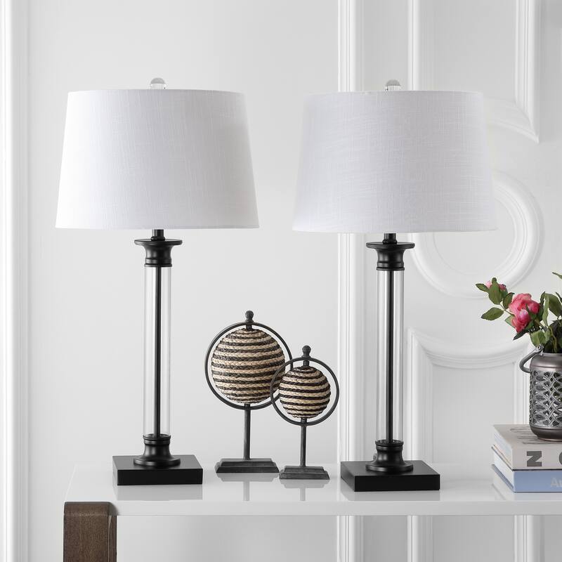 Fraser 30" Glass and Metal LED Table Lamp, Black/Clear (Set of 2) by JONATHAN Y