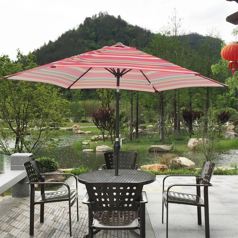 Amada 9-foot Steel Patio Umbrella with Tilt and Crank - Red striped