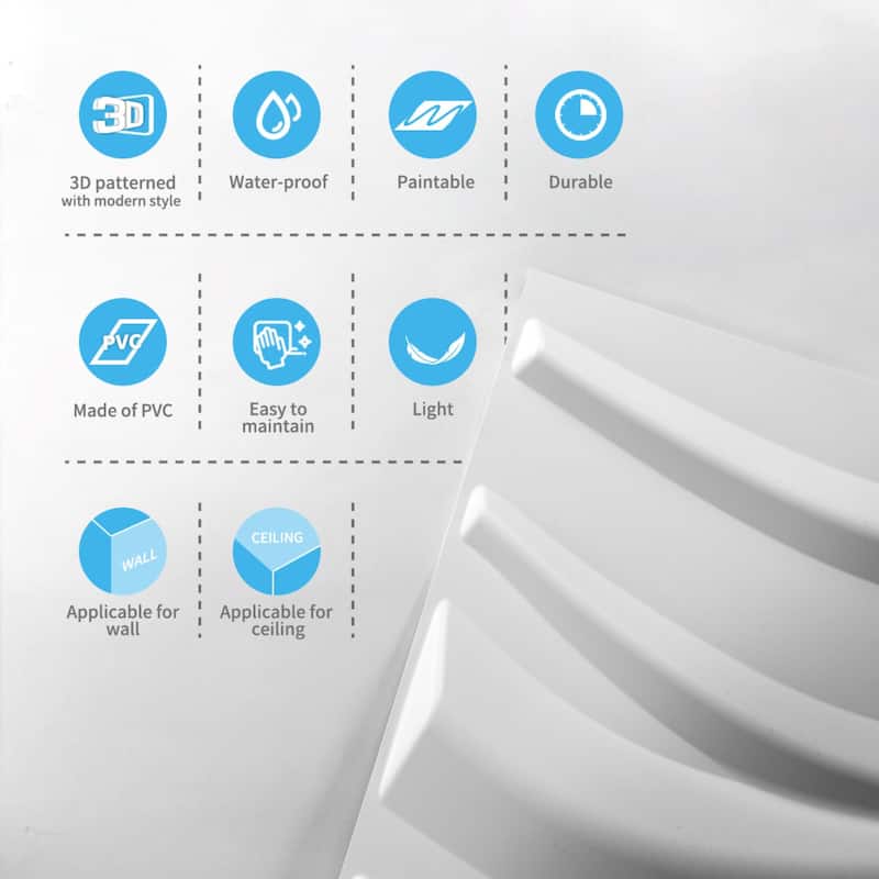 White PVC 3D Panel for Interior Wall Decor, Wavy Textured Tile,19.7 x 19.7in.(32 sq.ft/box) - N/A