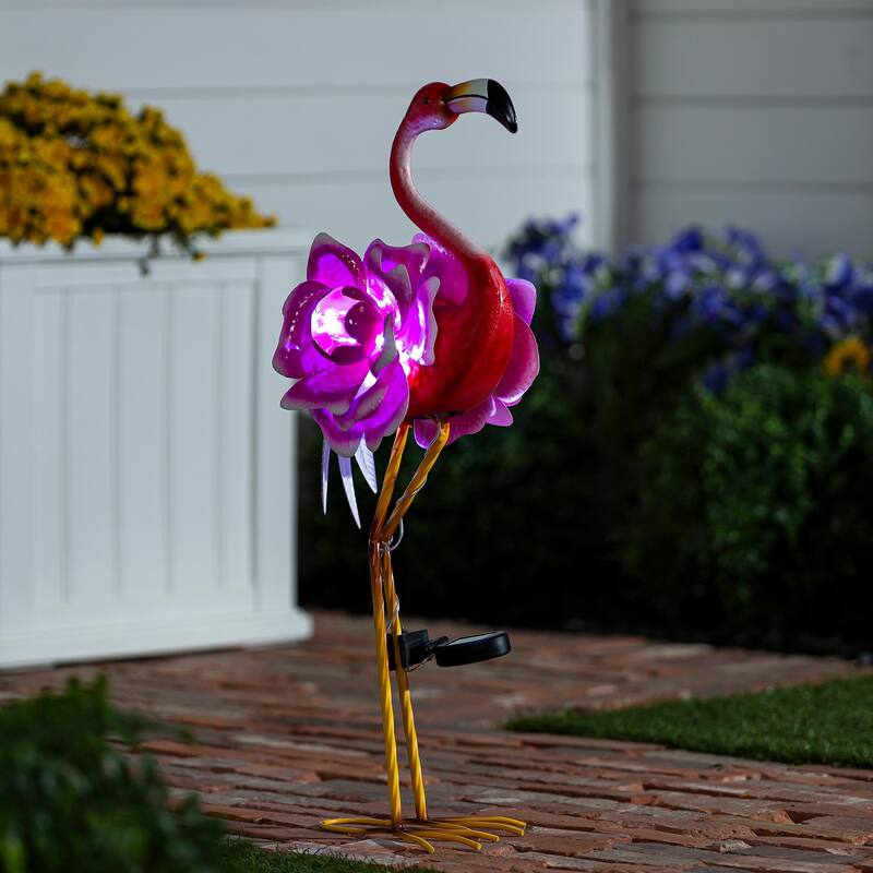 Solar Metal Flamingo With Flower Body, 28"H