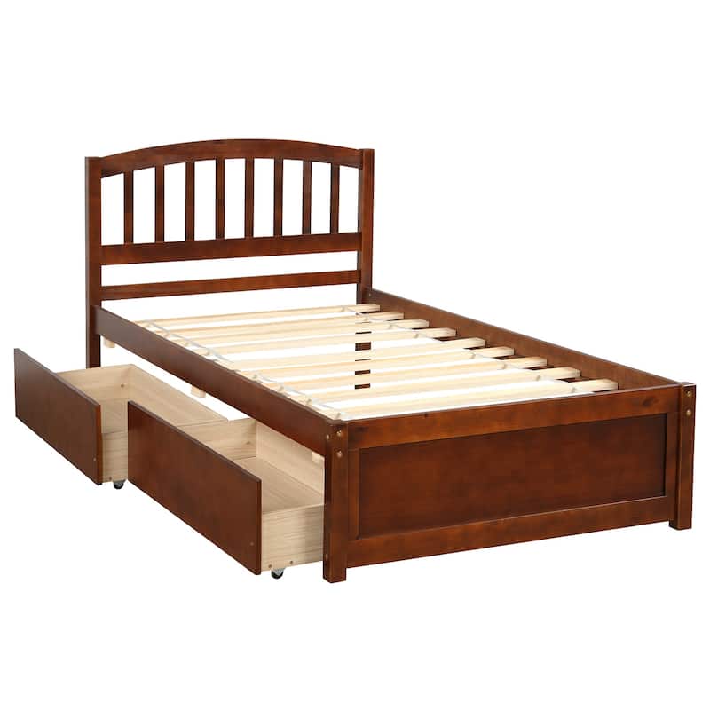 Twin Size Walnut Finished Wood Platform Bed with Two Drawers