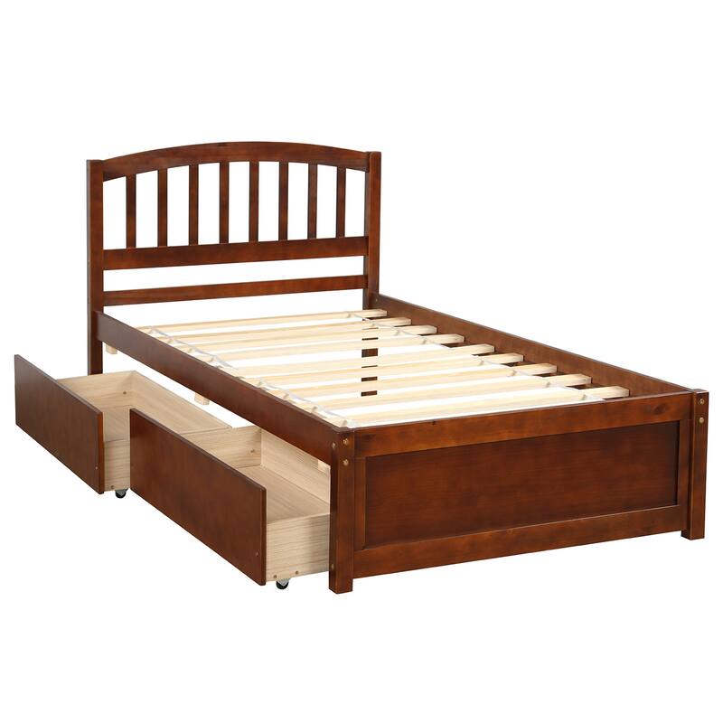 Wood Twin Size Platform Bed Frame with 2 Storage Drawers and Headboard