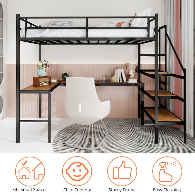 Twin Size Loft Bed Frame with L-Shaped Desk, Large Storage Space and Storage Shelves Stairs