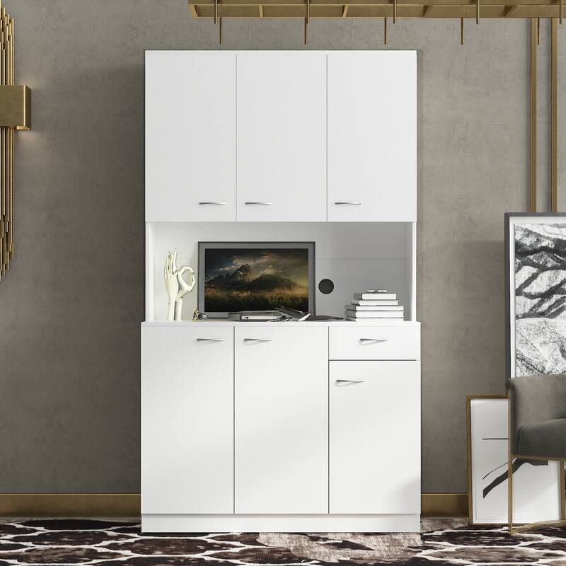 Classic 6 Door Design with Wooden Wardrobe with Drawers and Open Storage Space. for Bedroom Storage Cabinet Wardrobe - White