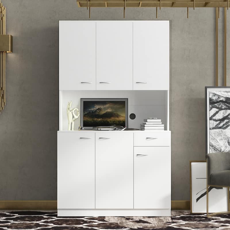 Rustic Farmhouse Tall Wardrobe, Armoire with Shelves, Open Compartment and Drawer, Freestanding Storage Closet Wardrobe Cabinet - White